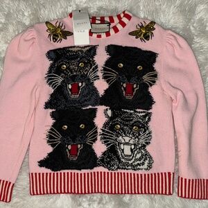 Gucci Pink Wool Tiger Intarsia Embellished Sweater